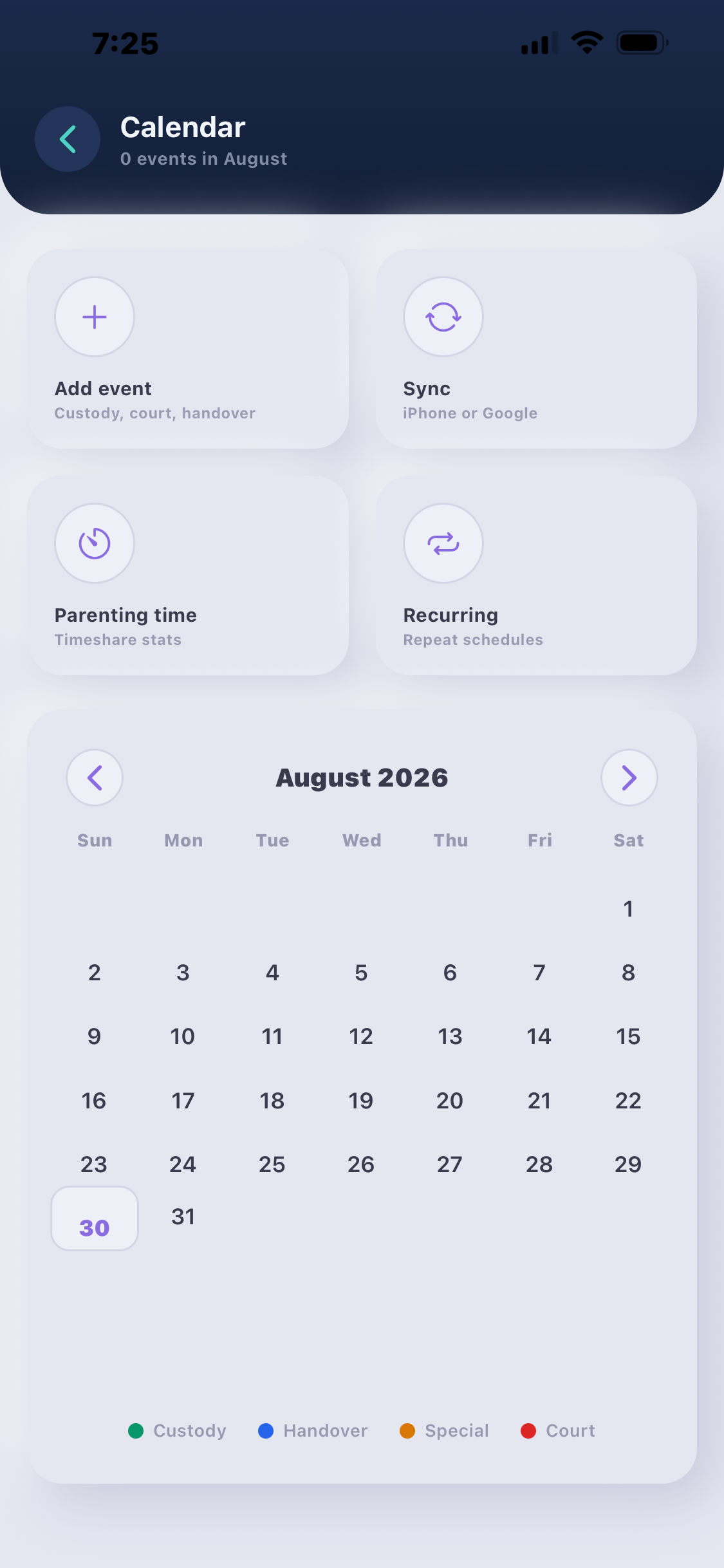 Calendar screen with colour-coded custody and handover events